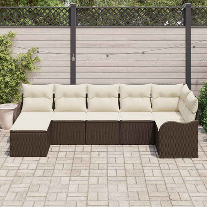 Garten-Sofa-Set mit Kissen 7 pcs Braun und Weiß Poly Rattan