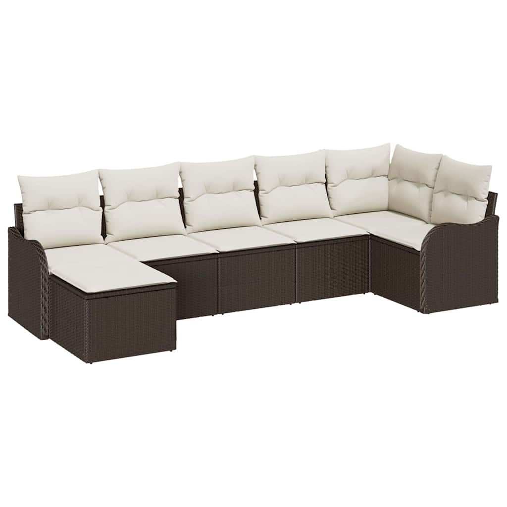 Garten-Sofa-Set mit Kissen 7 pcs Braun und Weiß Poly Rattan