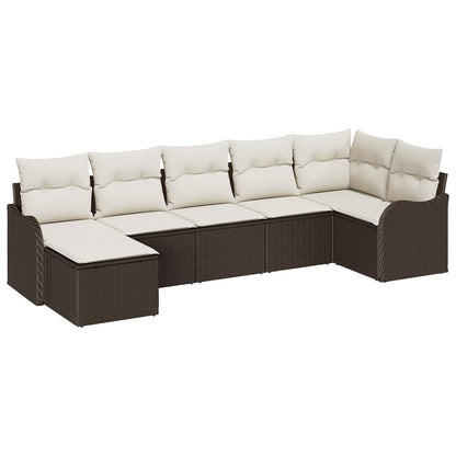 Garten-Sofa-Set mit Kissen 7 pcs Braun und Weiß Poly Rattan