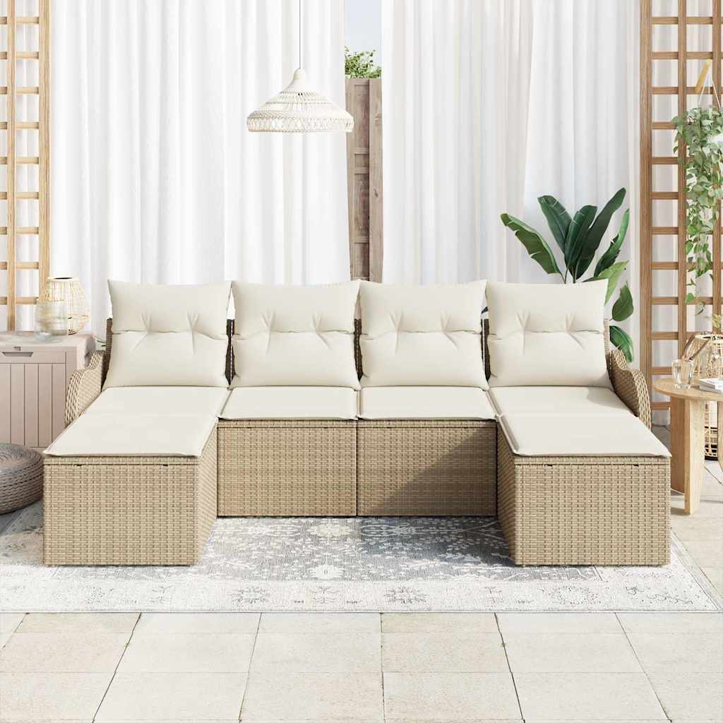 Garten-Sofa-Set mit Kissen 6 pcs Beige und Weiß Poly Rattan