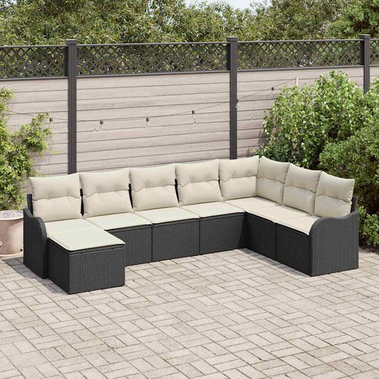 Garten-Sofa-Set mit Kissen 8 pcs Schwarz und Weiß Poly Rattan
