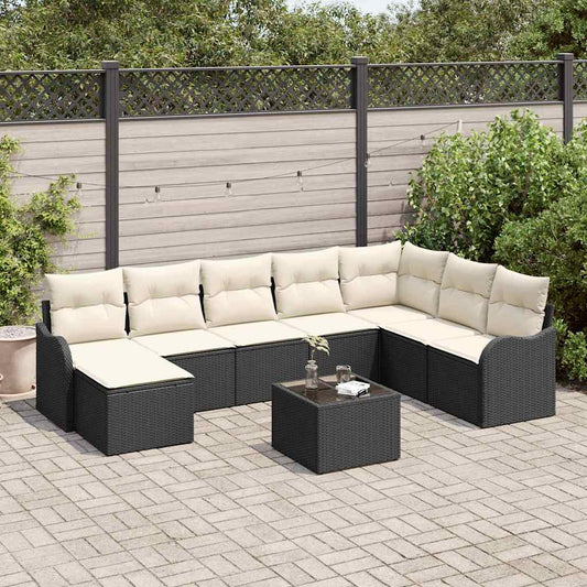 Garten-Sofa-Set mit Kissen 9 pcs Schwarz und Weiß Poly Rattan