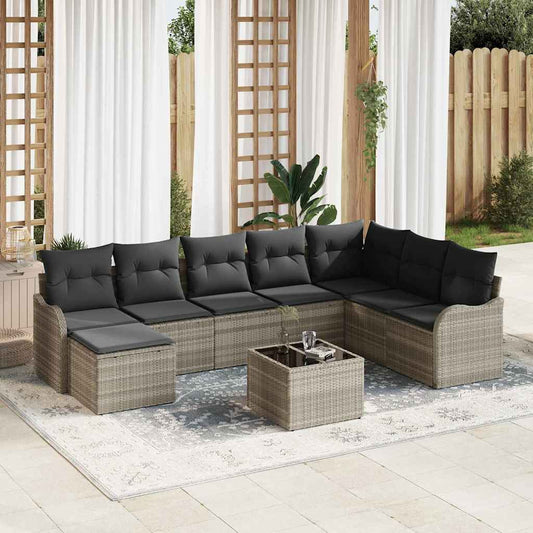 Garten-Sofa-Set mit Kissen 9 pcs Hellgrau Poly Rattan