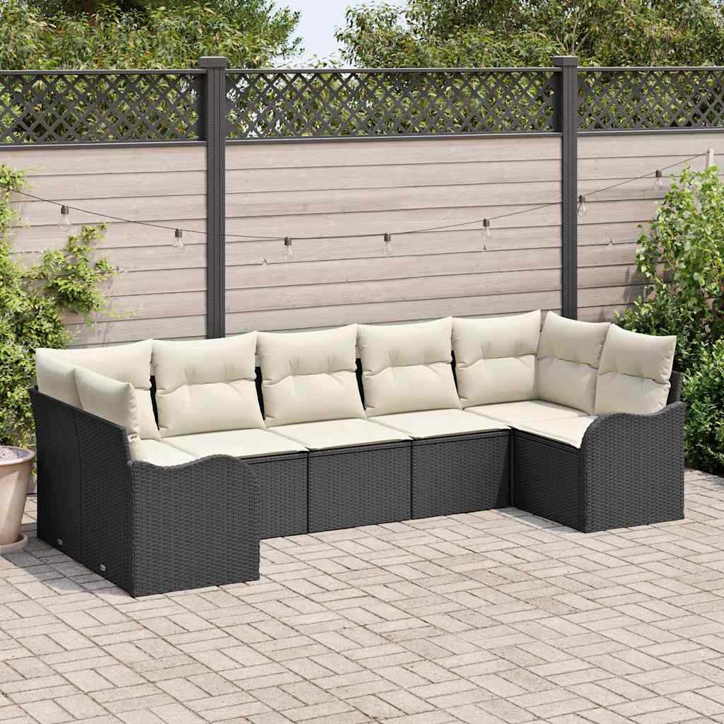 Garten-Sofa-Set mit Kissen 7 pcs Schwarz und Weiß Poly Rattan