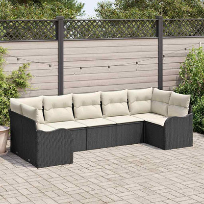 Garten-Sofa-Set mit Kissen 7 pcs Schwarz und Weiß Poly Rattan
