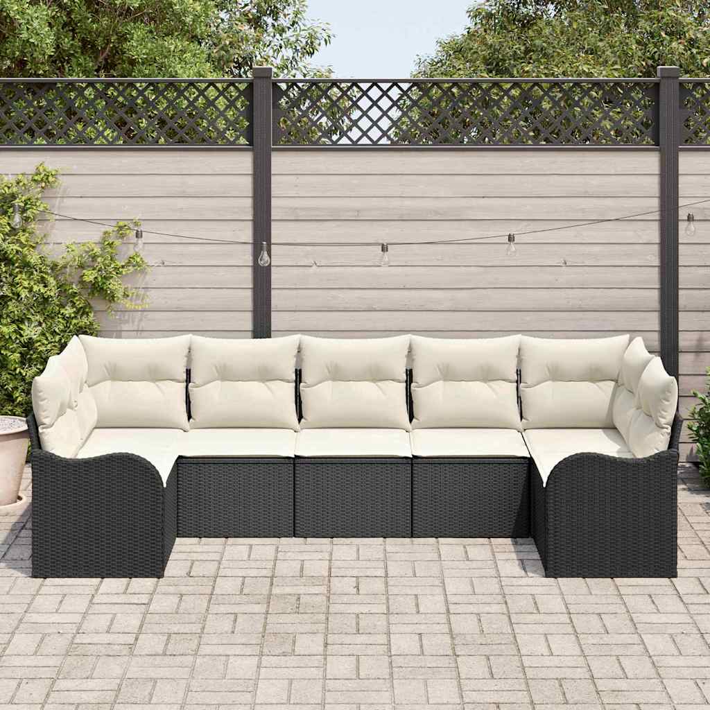 Garten-Sofa-Set mit Kissen 7 pcs Schwarz und Weiß Poly Rattan