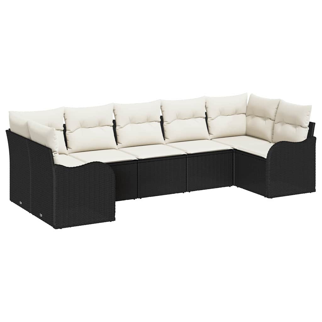 Garten-Sofa-Set mit Kissen 7 pcs Schwarz und Weiß Poly Rattan