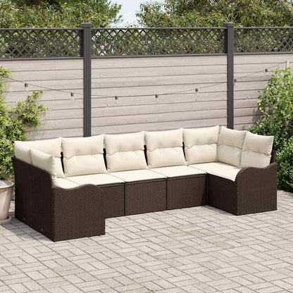 Garten-Sofa-Set mit Kissen 7 pcs Braun und Weiß Poly Rattan