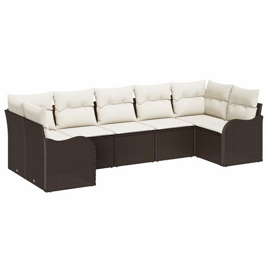 Garten-Sofa-Set mit Kissen 7 pcs Braun und Weiß Poly Rattan