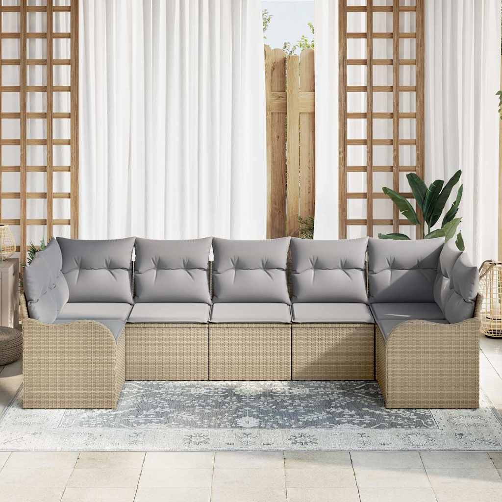Garten-Sofa-Set mit Kissen 7 pcs Beige und Hellgrau Poly Rattan