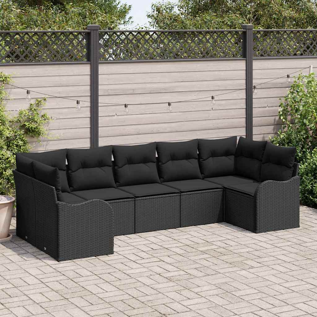 Garten-Sofa-Set mit Kissen 7 pcs Schwarz Poly Rattan