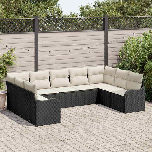 Garten-Sofa-Set mit Kissen 9 pcs Schwarz und Weiß Poly Rattan