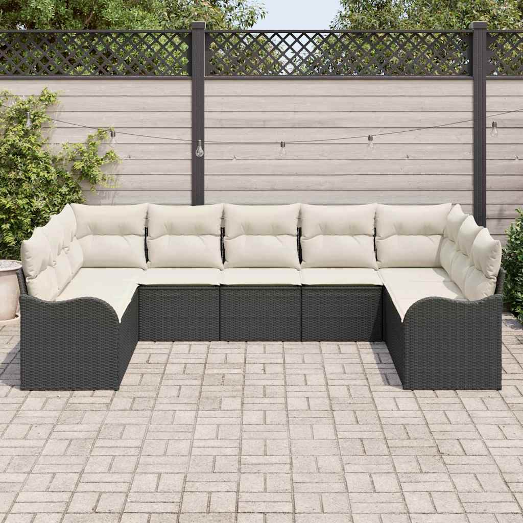 Garten-Sofa-Set mit Kissen 9 pcs Schwarz und Weiß Poly Rattan