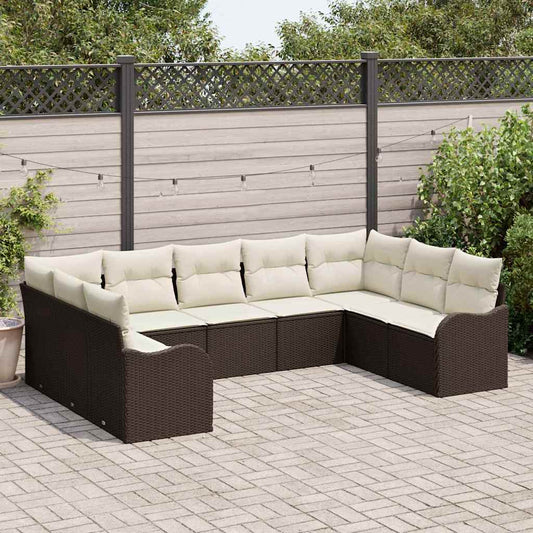 Gartensofa-set mit Speicher 9 pcs Braun und Weiß Poly-Rattan