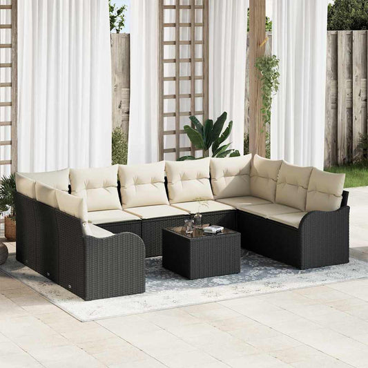 Garten-Sofa-Set mit Kissen 10 pcs Schwarz und Weiß Poly Rattan