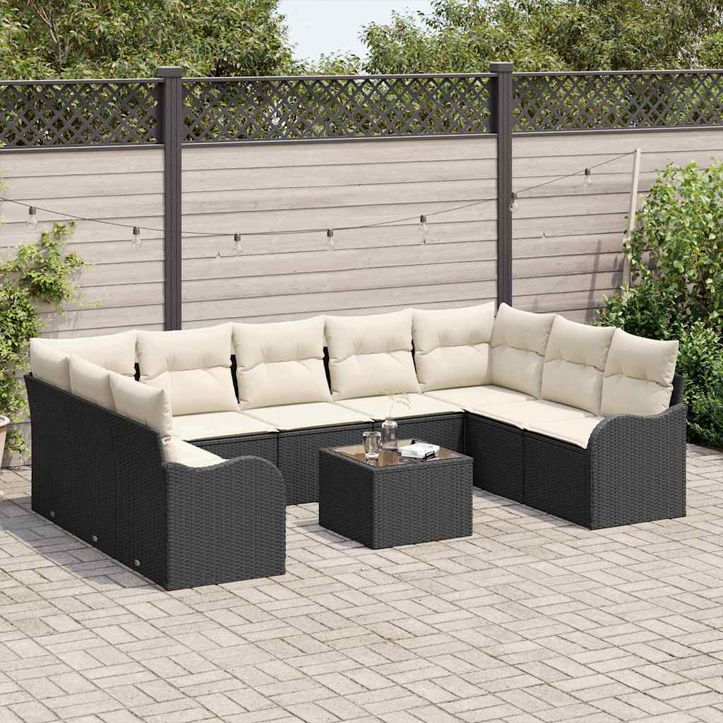 Garten-Sofa-Set mit Kissen 10 pcs Schwarz und Weiß Poly Rattan