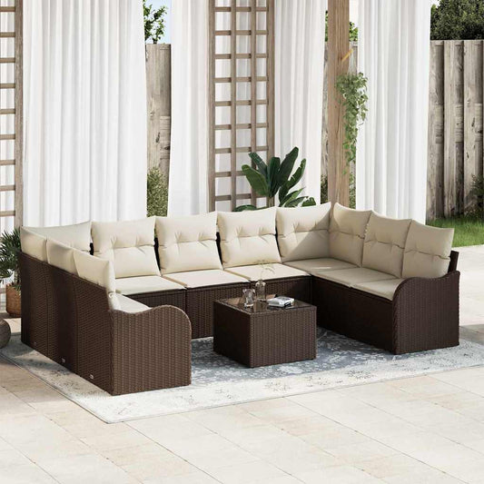 Garten-Sofa-Set mit Kissen 10 pcs Braun und Weiß Poly Rattan