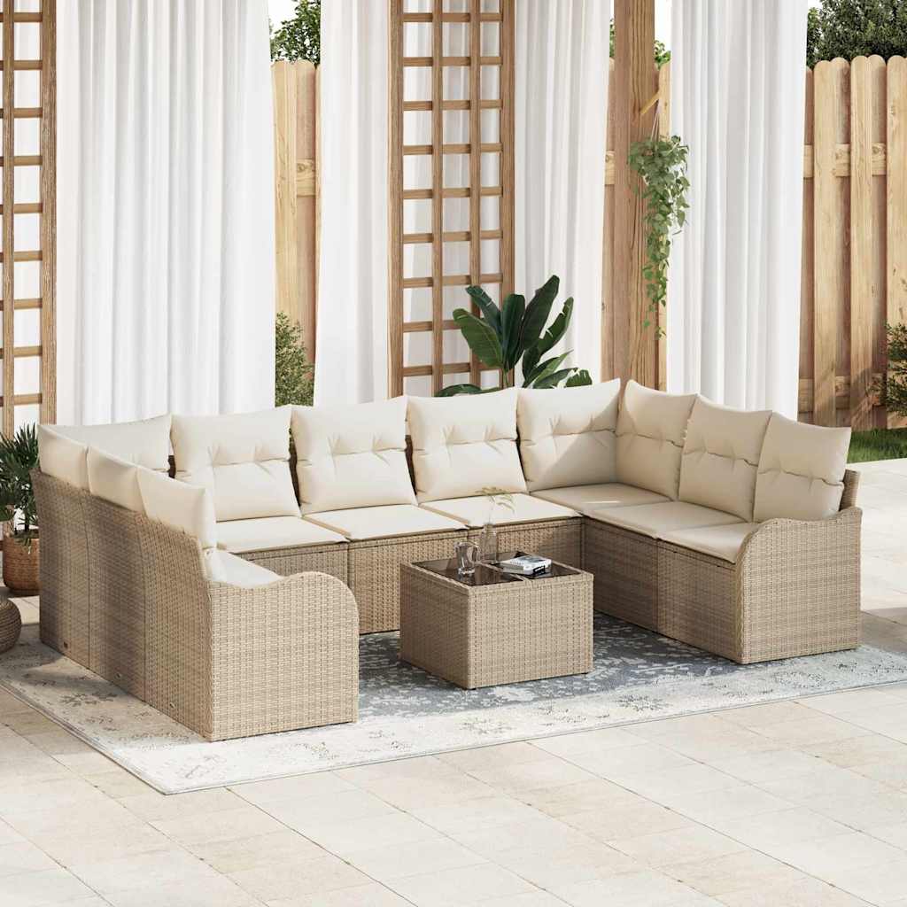 Garten-Sofa-Set mit Kissen 10 pcs Beige und Weiß Poly Rattan