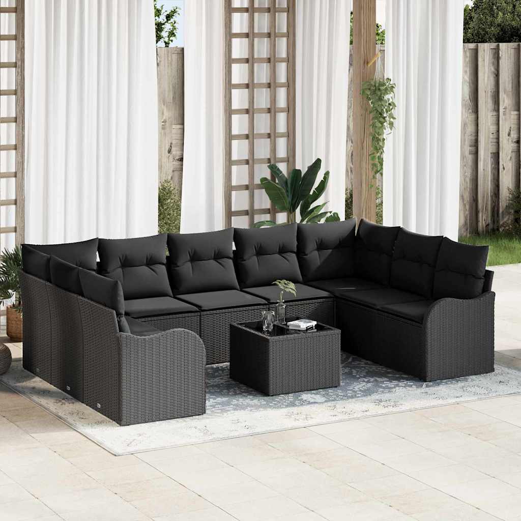 Garten-Sofa-Set mit Kissen 10 pcs Schwarz Poly Rattan