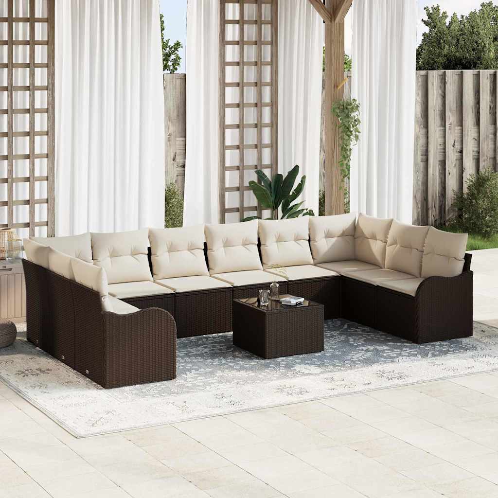 Gartensofa-set mit Speicher 11 pcs Braun und Weiß Poly-Rattan