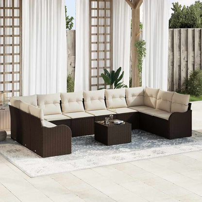 Gartensofa-set mit Speicher 11 pcs Braun und Weiß Poly-Rattan