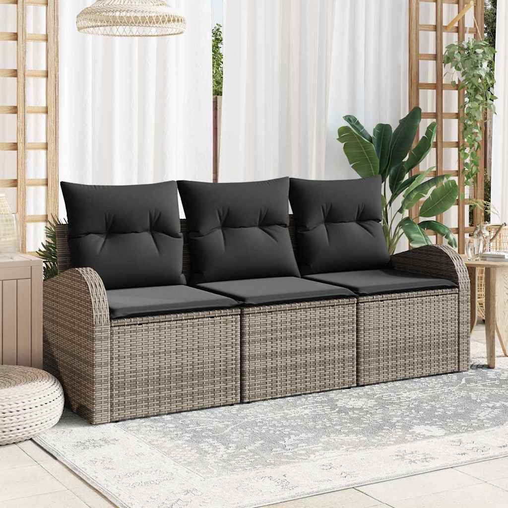 Garten-Sofa-Set mit Kissen 3 pcs Grau Poly Rattan