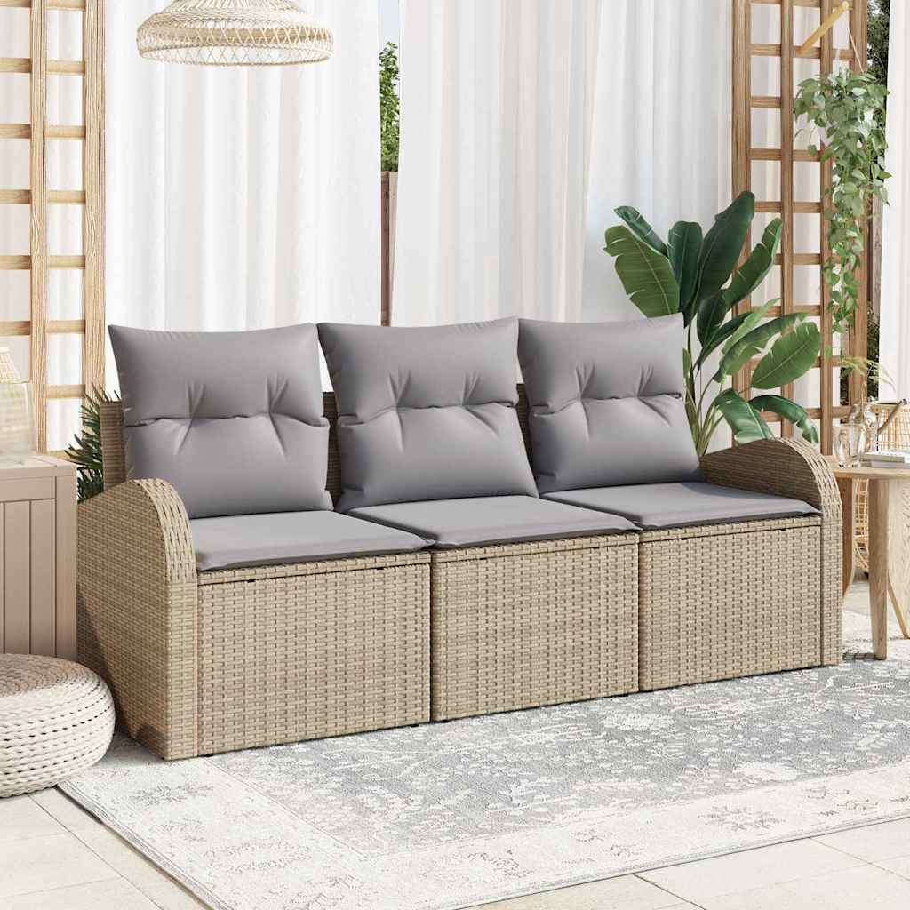 Garten-Sofa-Set mit Kissen 3 pcs Beige und Hellgrau Poly Rattan