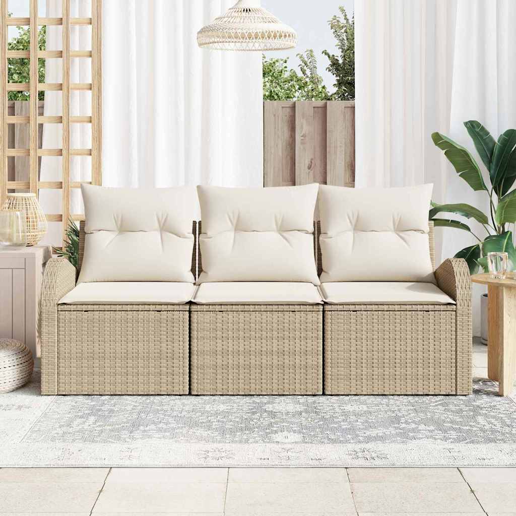 Garten-Sofa-Set mit Kissen 3 pcs Beige und Weiß Poly Rattan