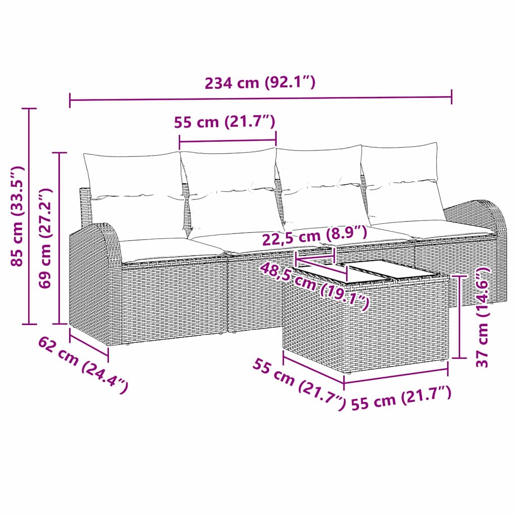 Garten-Sofa-Set 5 pcs Schwarz und Creme 55 x 55 x 37 cm