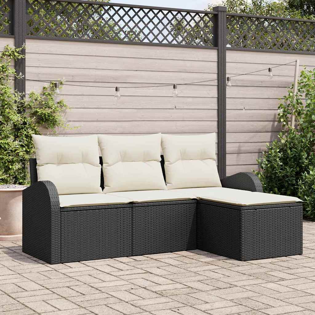 Sofa Set mit Kissen 4 pcs Schwarz und Weiß Poly-Rattan
