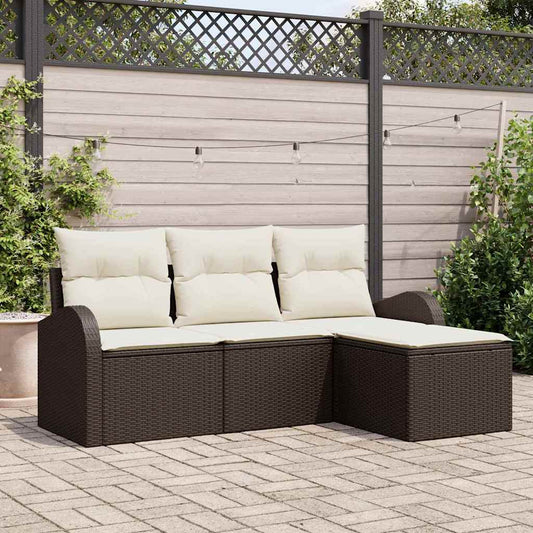 Garten-Sofa-Set mit Kissen 4 pcs Braun und Weiß Poly Rattan
