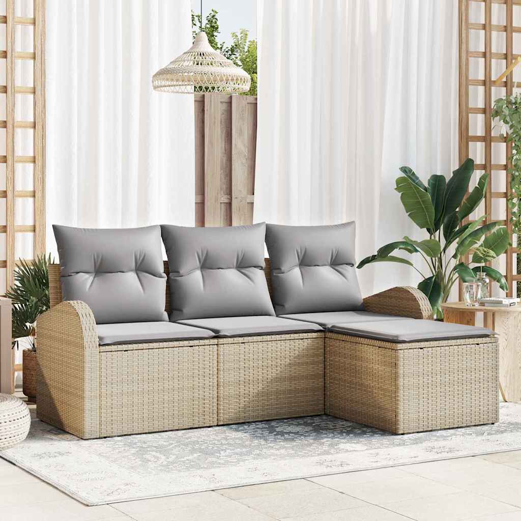 Sofa Set mit Kissen 4 pcs Beige und Hellgrau Poly-Rattan