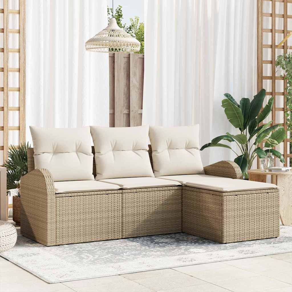 Garten-Sofa-Set mit Kissen 4 pcs Beige und Weiß Poly Rattan