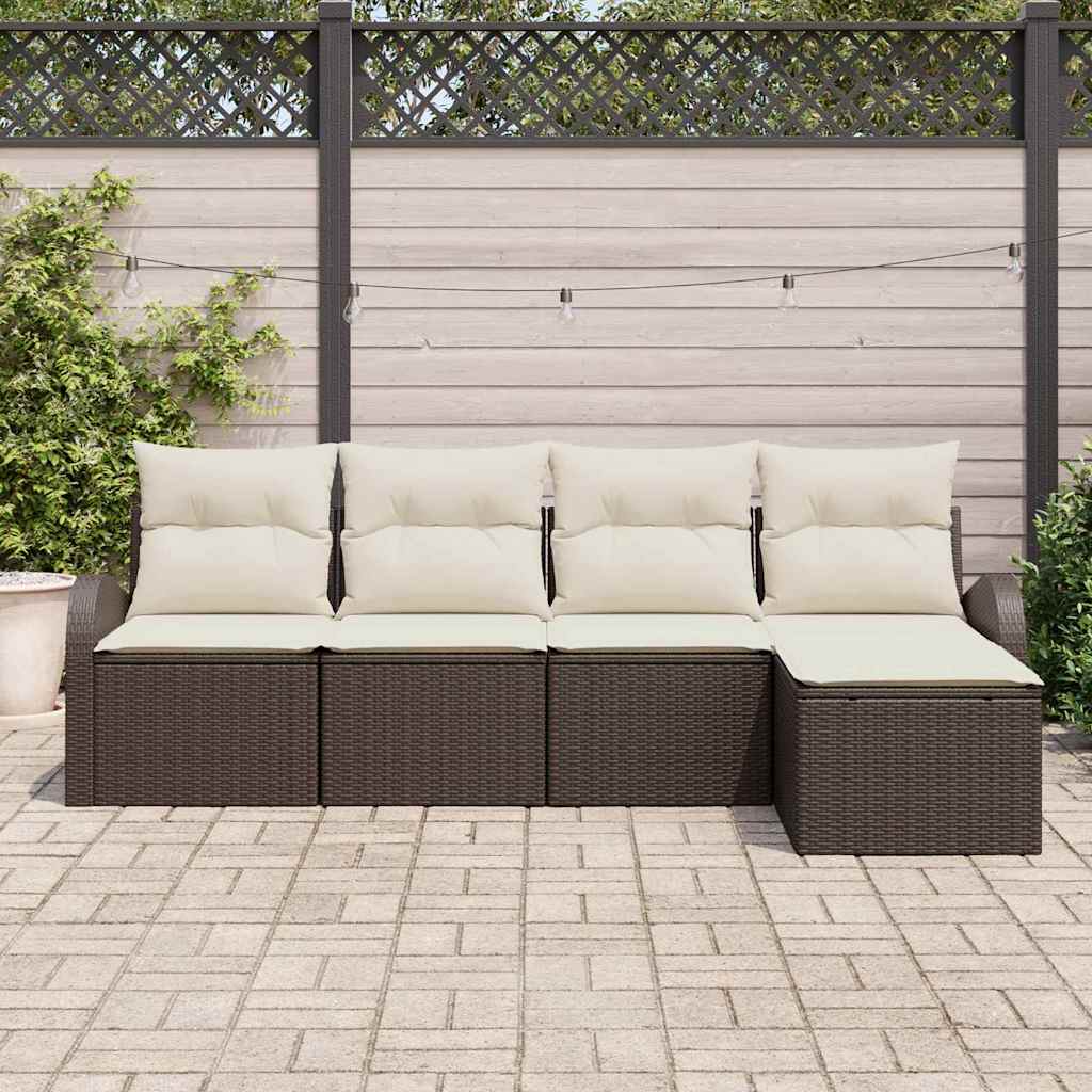 Garten-Sofa-Set mit Kissen 5 pcs Braun und Weiß Poly Rattan