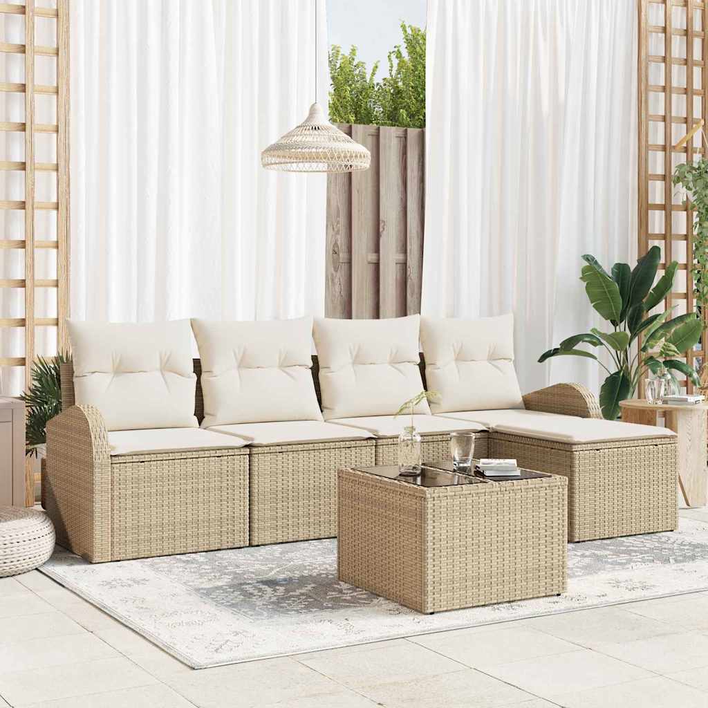Garten-Sofa-Set mit Kissen 6 pcs Beige und Weiß Poly Rattan