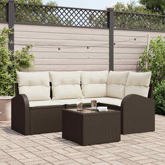 Garten-Sofa-Set mit Kissen 5 pcs Braun und Weiß Poly Rattan