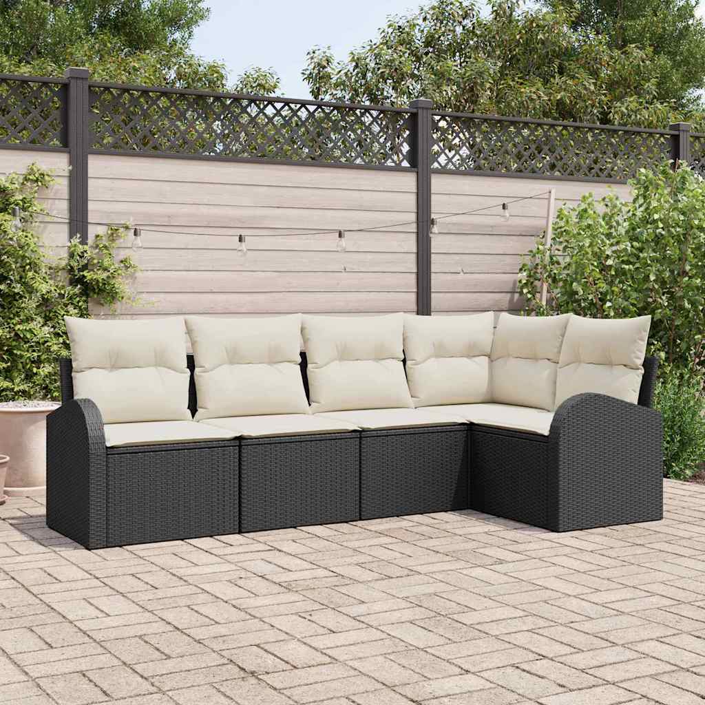 Garten-Sofa-Set mit Kissen 5 pcs Schwarz und Weiß Poly Rattan