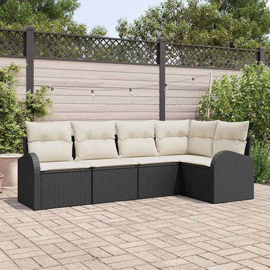 Garten-Sofa-Set mit Kissen 5 pcs Schwarz und Weiß Poly Rattan