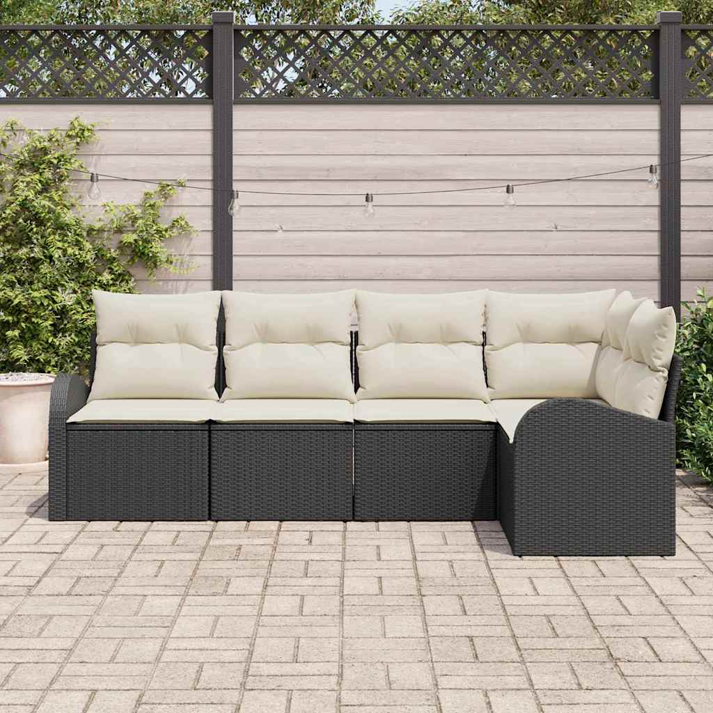 Garten-Sofa-Set mit Kissen 5 pcs Schwarz und Weiß Poly Rattan