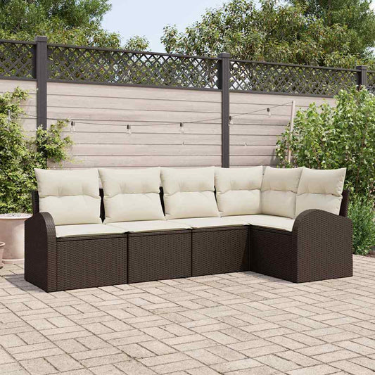 Garten-Sofa-Set mit Kissen 5 pcs Braun und Weiß Poly Rattan