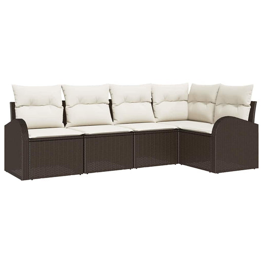 Garten-Sofa-Set mit Kissen 5 pcs Braun und Weiß Poly Rattan