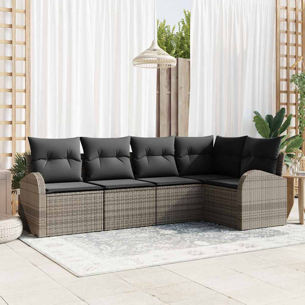 Garten-Sofa-Set mit Kissen 5 pcs Grau Poly Rattan