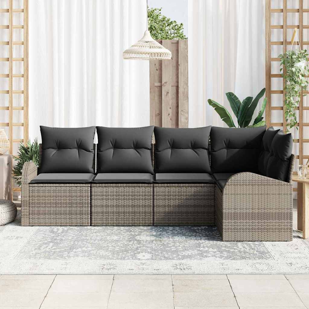Garten-Sofa-Set mit Kissen 5 pcs Grau Poly Rattan