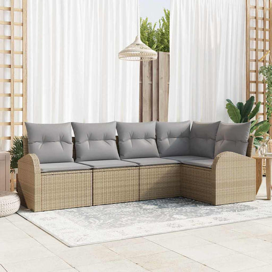 Garten-Sofa-Set mit Kissen 5 pcs Beige und Hellgrau Poly Rattan