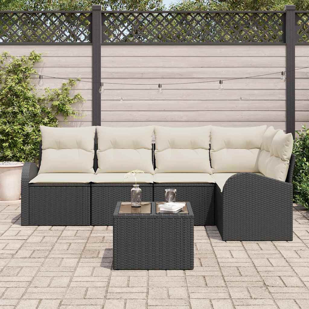 Garten-Sofa-Set mit Kissen 6 pcs Schwarz und Weiß Poly Rattan
