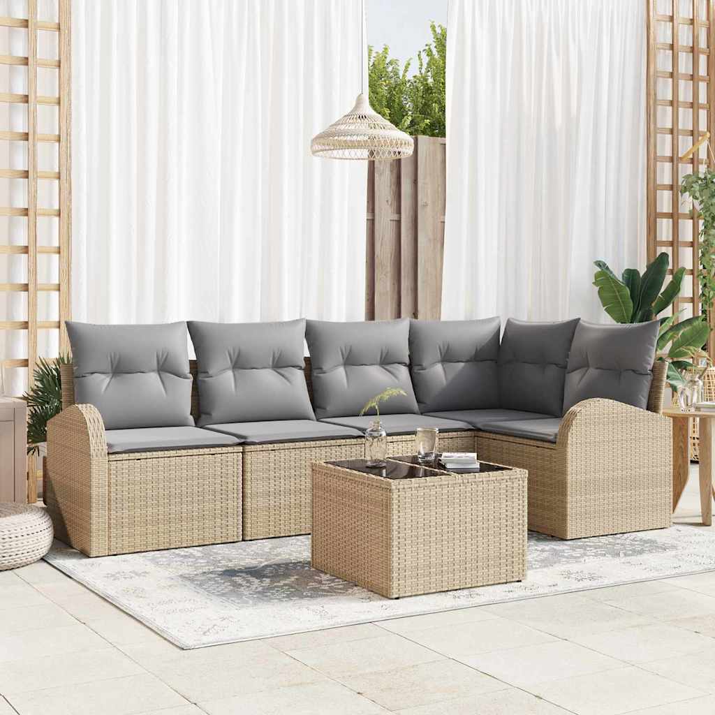 Garten-Sofa-Set mit Kissen 6 pcs Beige und Hellgrau Poly Rattan