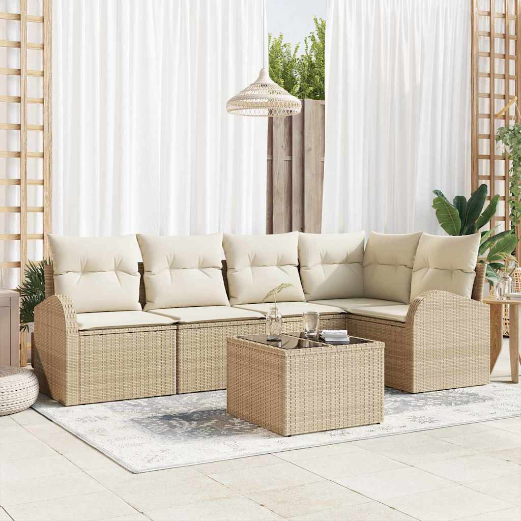 Garten-Sofa-Set mit Kissen 6 pcs Beige und Weiß Poly Rattan