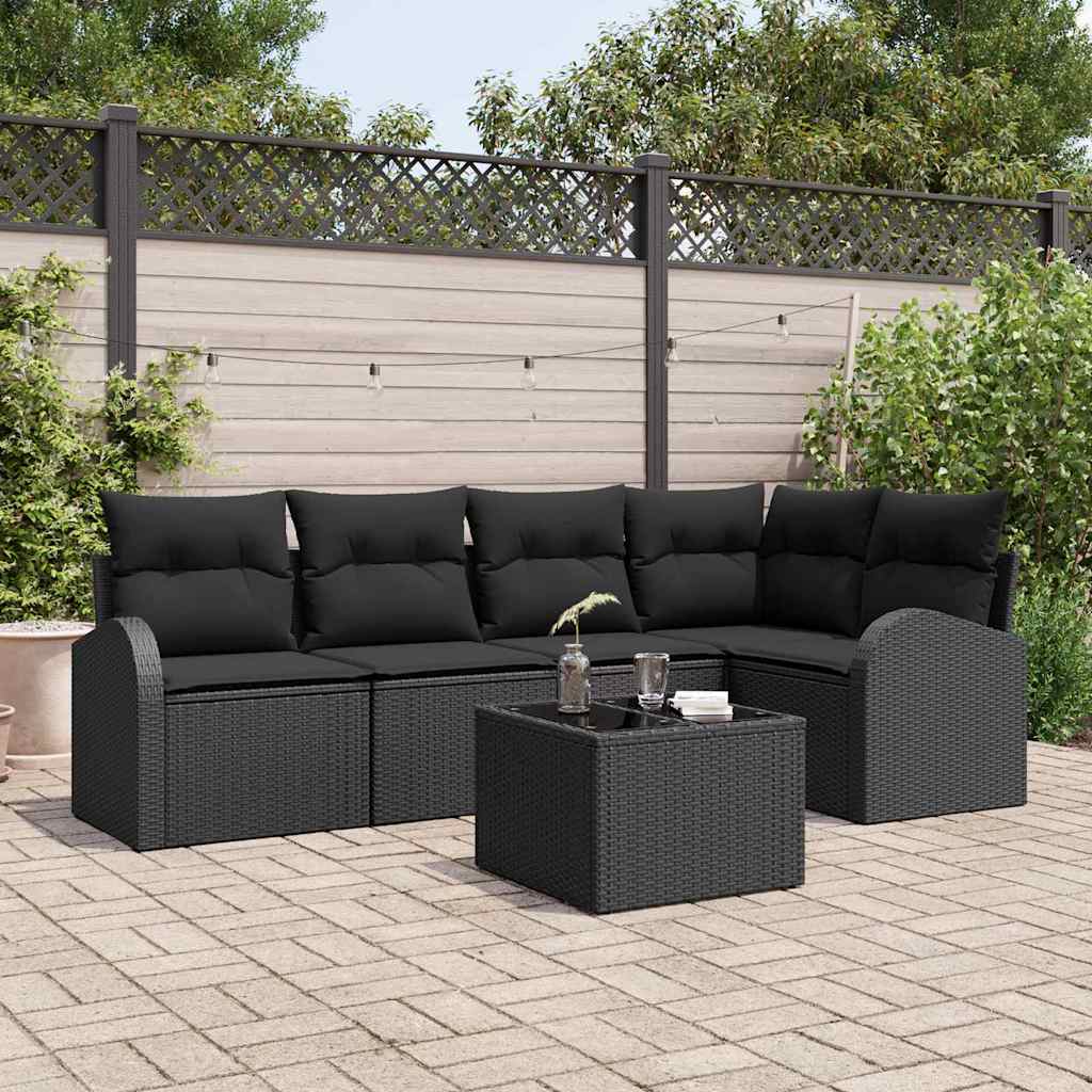 Garten-Sofa-Set mit Kissen 6 pcs Schwarz Poly Rattan
