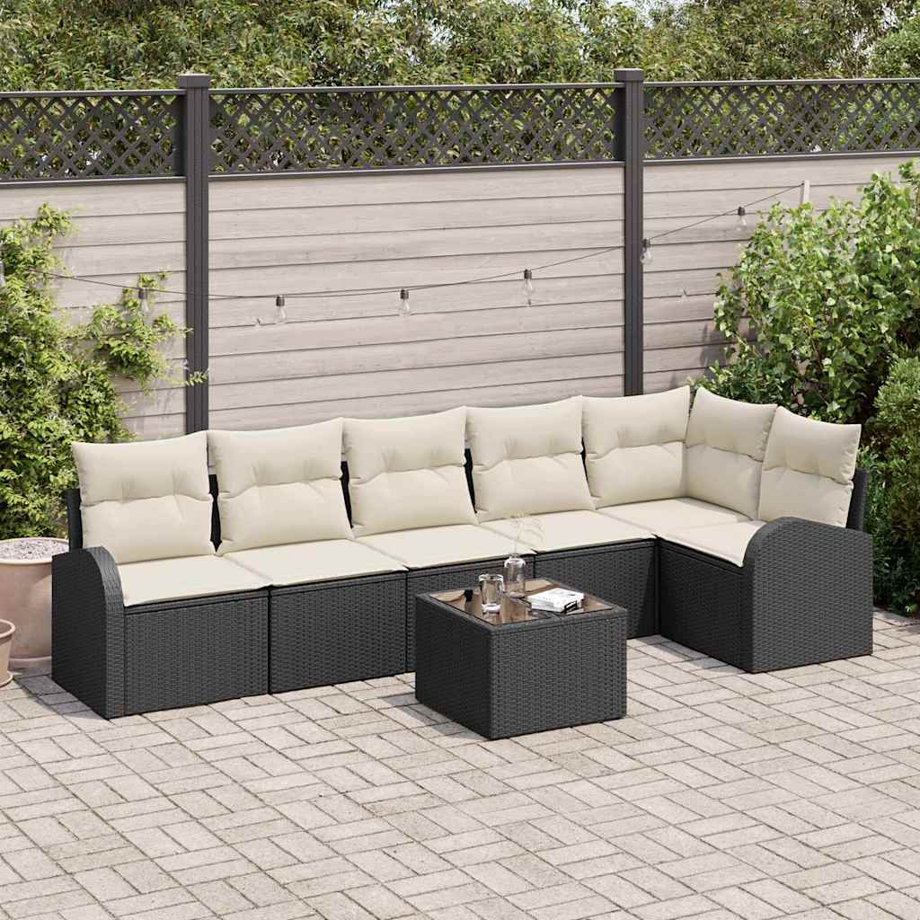 Sofa Set mit Kissen 7 pcs Schwarz und Weiß Poly-Rattan