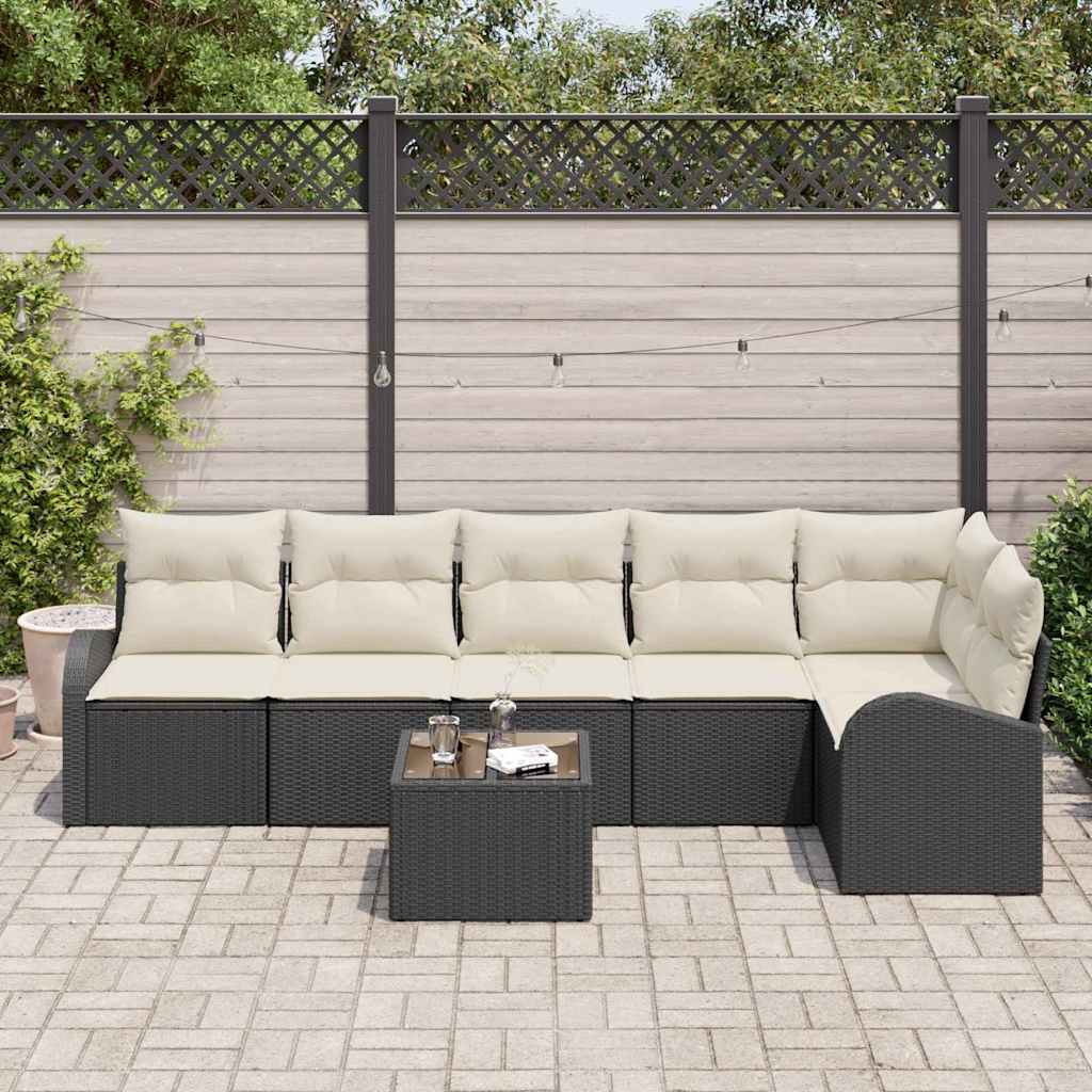 Sofa Set mit Kissen 7 pcs Schwarz und Weiß Poly-Rattan
